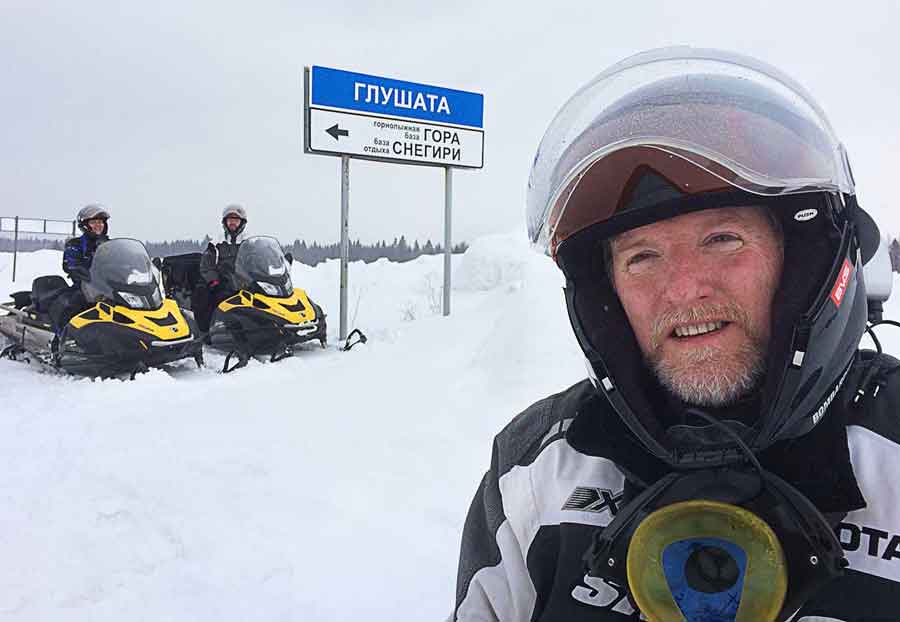 Dan Gould during snowmobile adventure in Russia