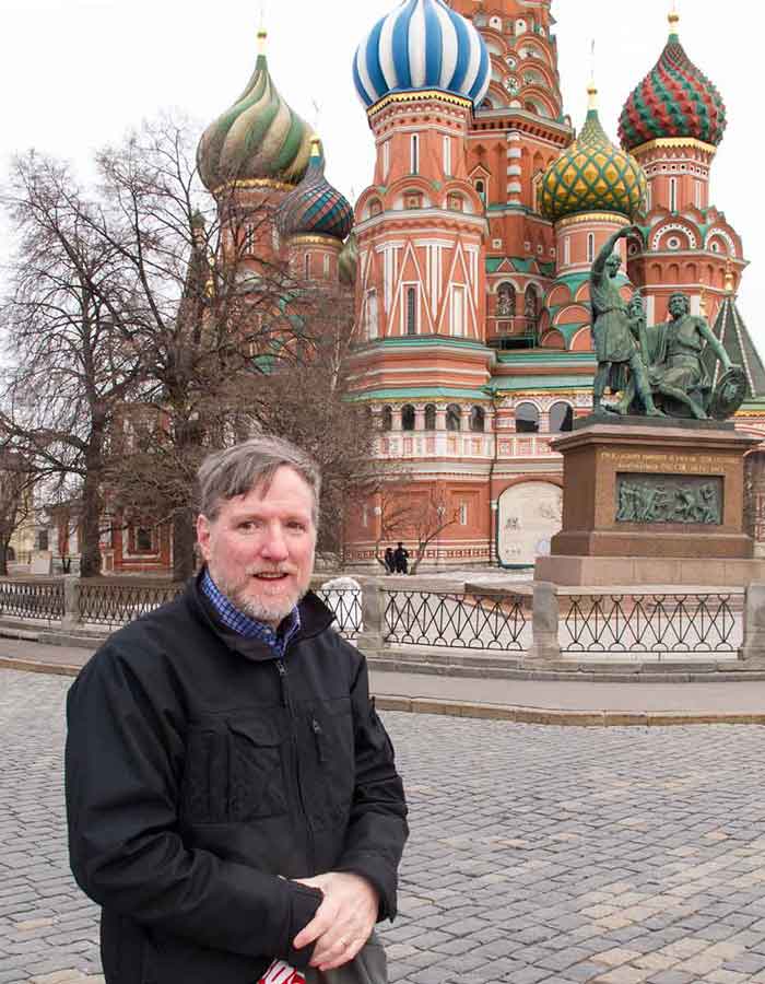 Dan Gould at Saint Basil's Cathedral in Russian capital of Moscow.