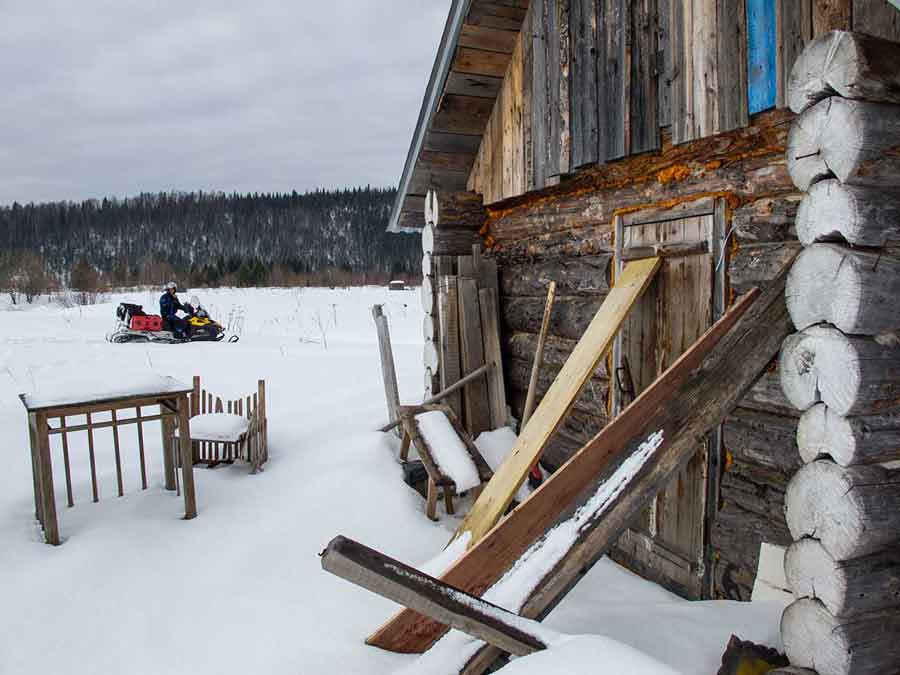 abandoned Soviet village of Bolshaya in winter